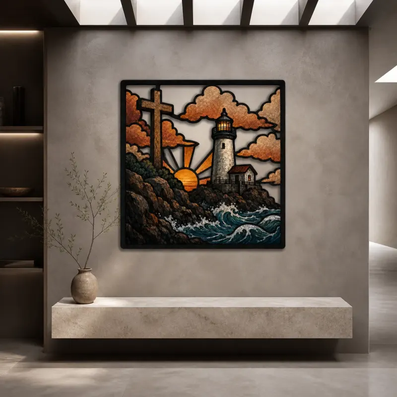 Lighthouse beneath Cross over Ocean Waves Colorful Metal Wall Art
