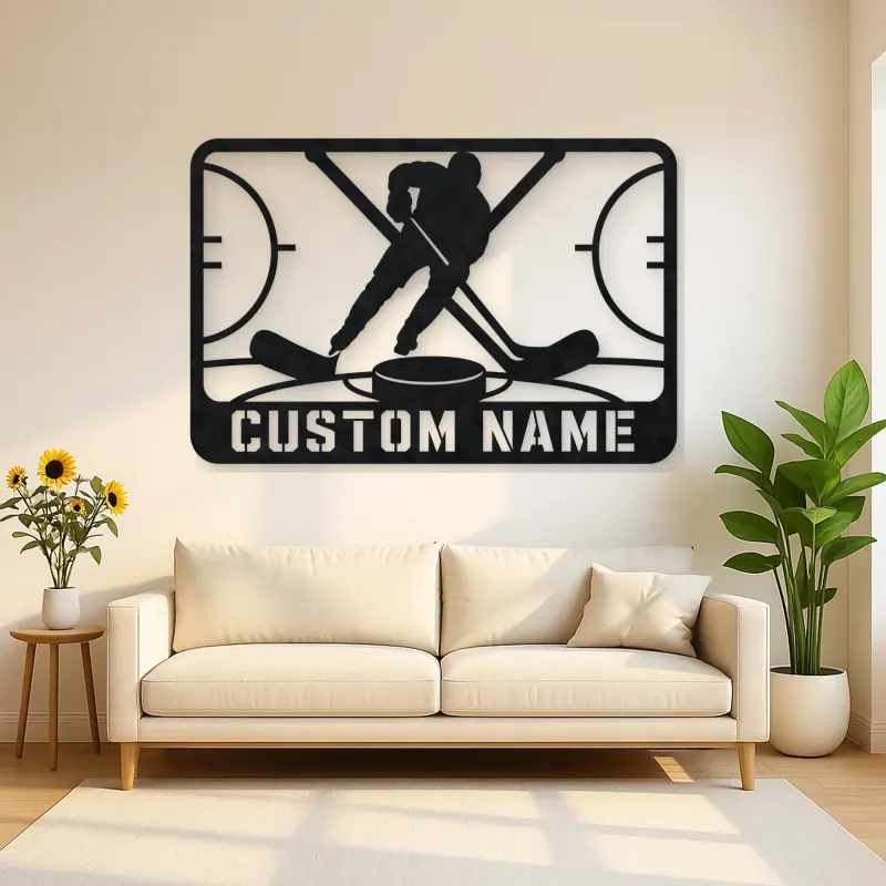 Personalized Ice Hockey Metal Wall Art with Crossed Sticks