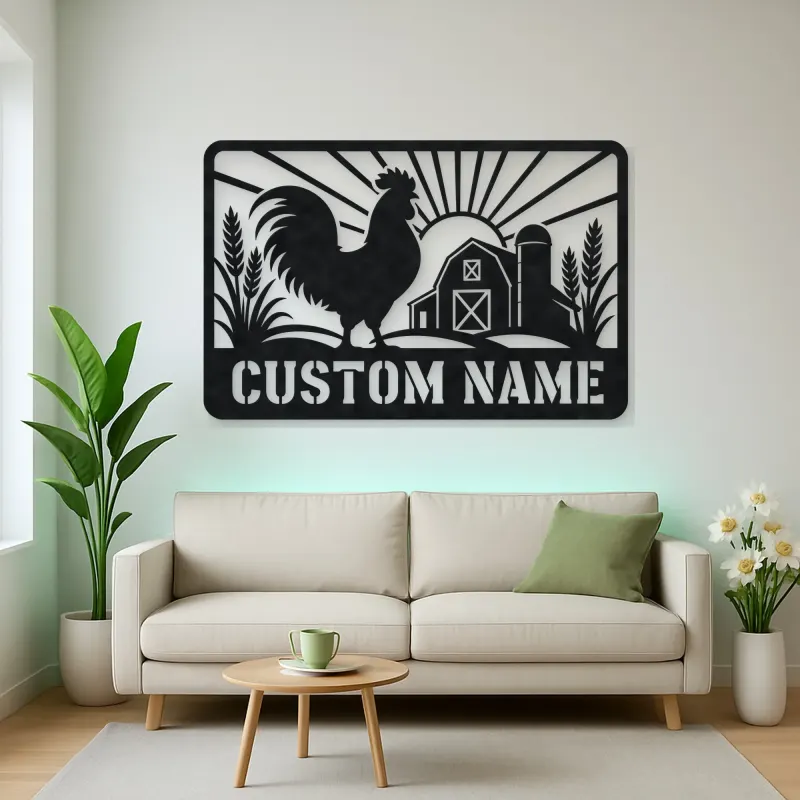 Personalized Rooster Farm Metal Wall Art with Barn Scene