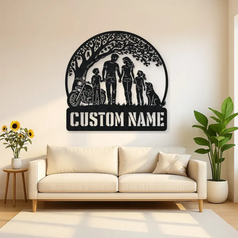 Personalized Family of Four Dog and Motorcycle Metal Wall Art