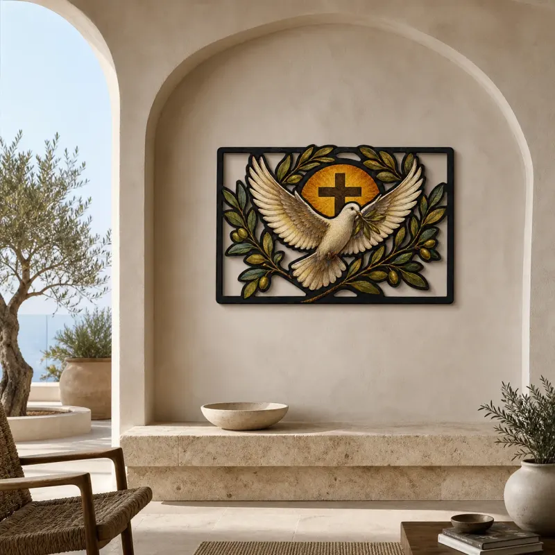 White Dove with Cross and Olive Branches Colorful Metal Wall Art