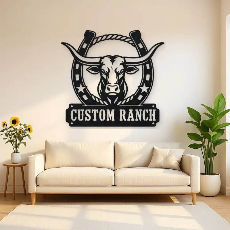 Personalized Longhorn Ranch Metal Wall Art with Horseshoe Frame