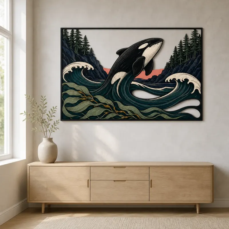 Orca Leaping through Ocean Waves by Pine Forest Colorful Metal Wall Art