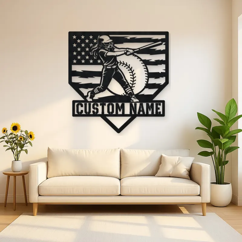 Personalized Female Softball Power Swing American Flag Metal Wall Art