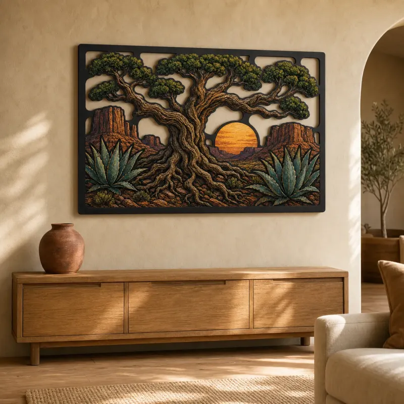 Desert Oak Tree of Life with Agave Sunset Colorful Metal Wall Art