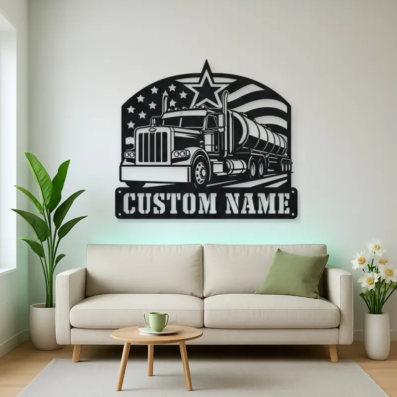 Personalized Tanker Semi Truck American Flag Metal Wall Art