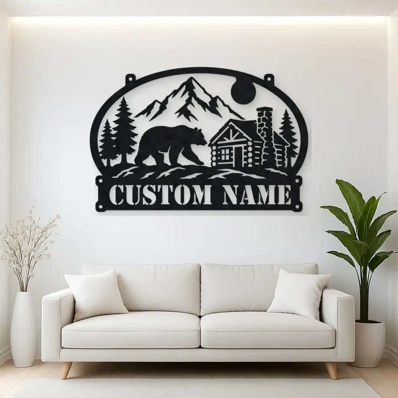 Personalized Bear Cabin Metal Wall Art with Mountain Scene