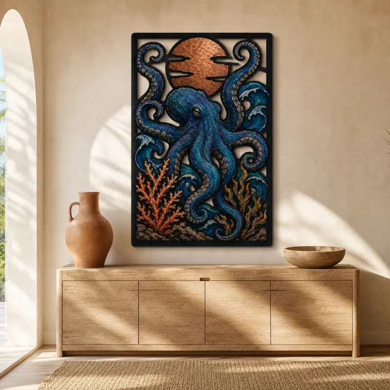 Blue Octopus with Coral and Copper Moon Colorful Metal Wall Art
