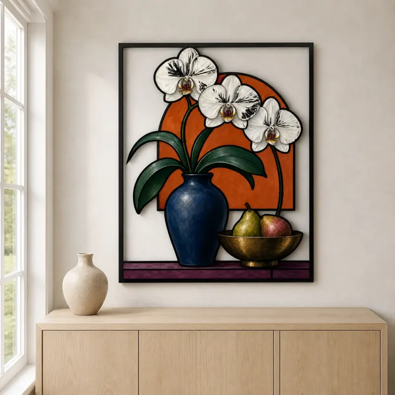 White Orchids in Blue Vase with Fruit Colorful Metal Wall Art
