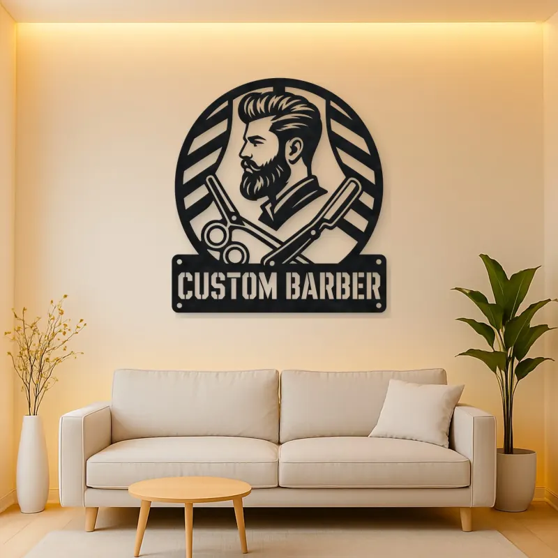 Personalized Barber Metal Wall Art with Scissors and Razor
