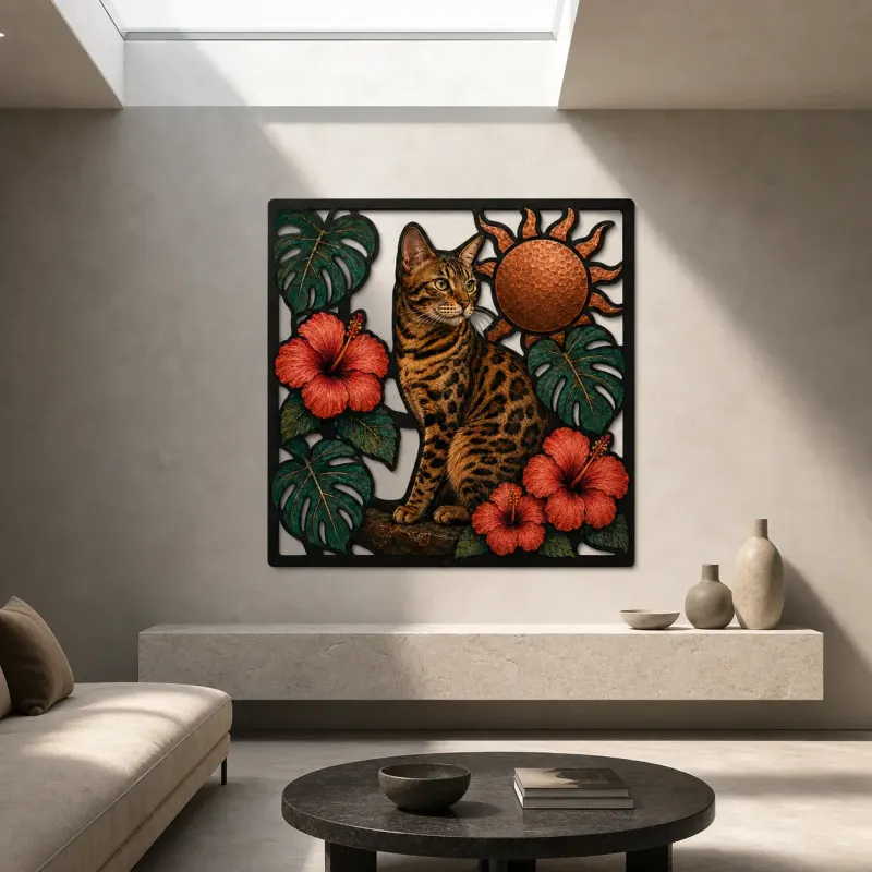 Bengal Cat with Tropical Hibiscus and Sun Colorful Metal Wall Art