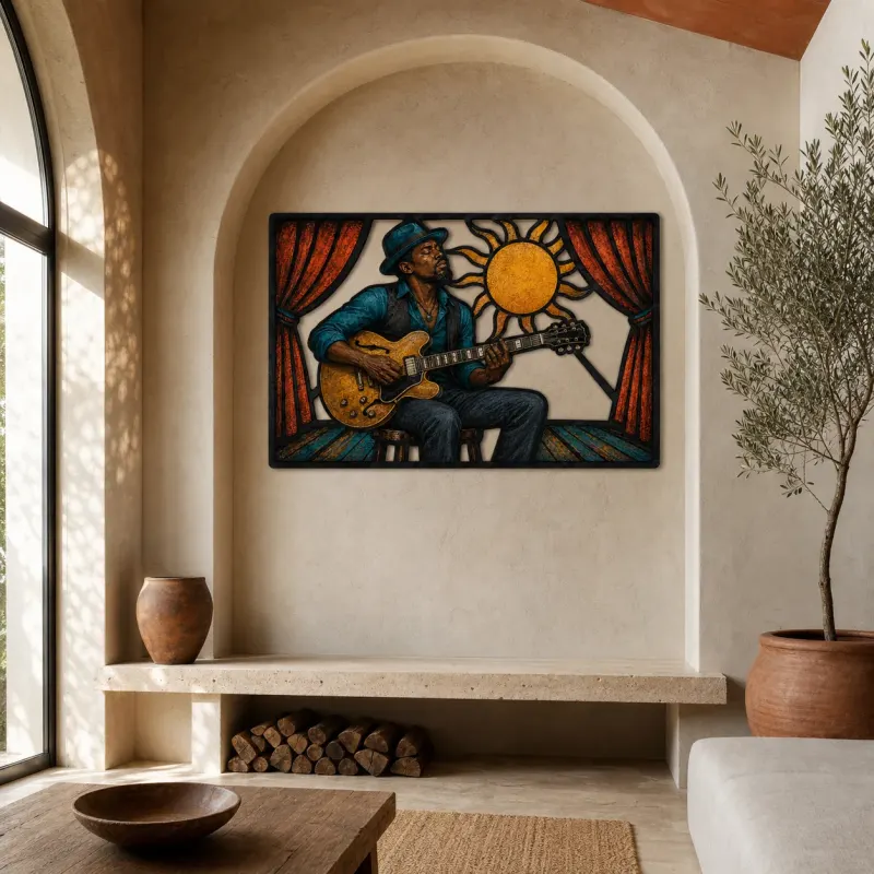 Blues Guitarist Performing beneath Radiant Sun Colorful Metal Wall Art