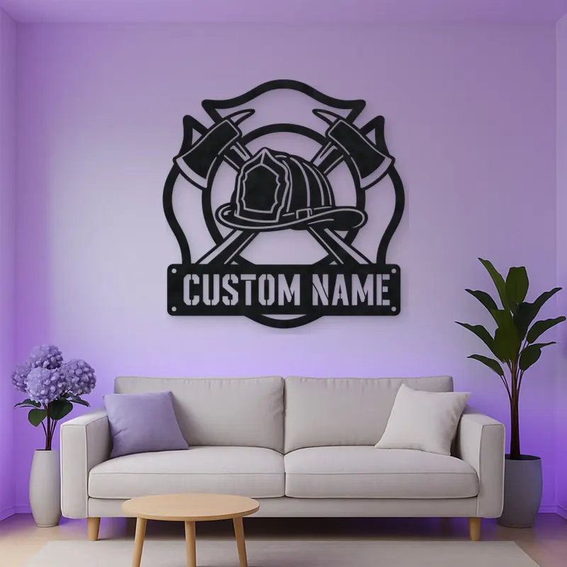 Personalized Firefighter Helmet Metal Wall Art with Crossed Axes