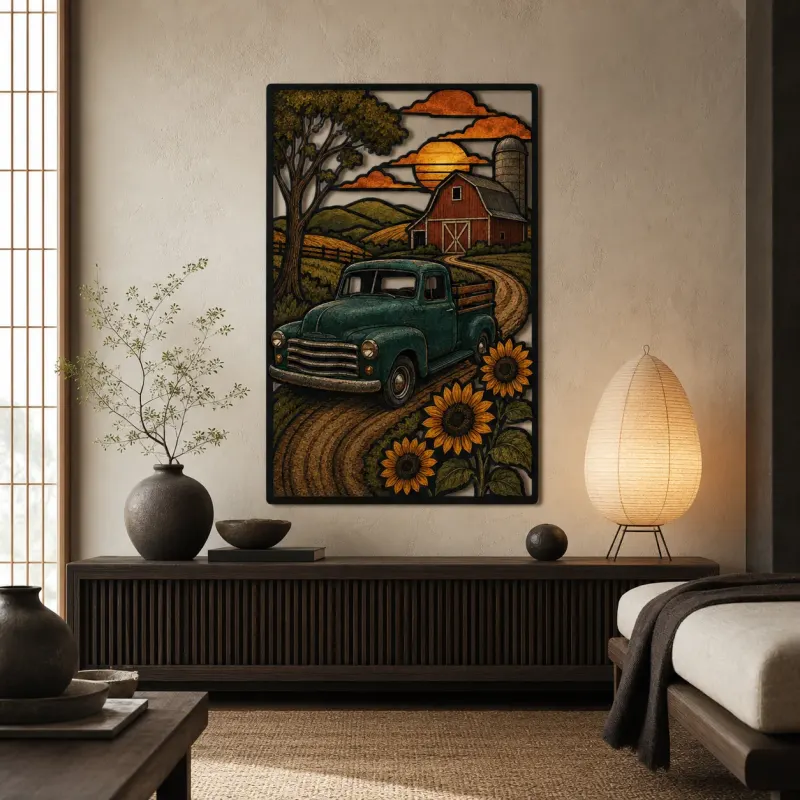Vintage Pickup Truck by Barn and Sunflowers Colorful Metal Wall Art