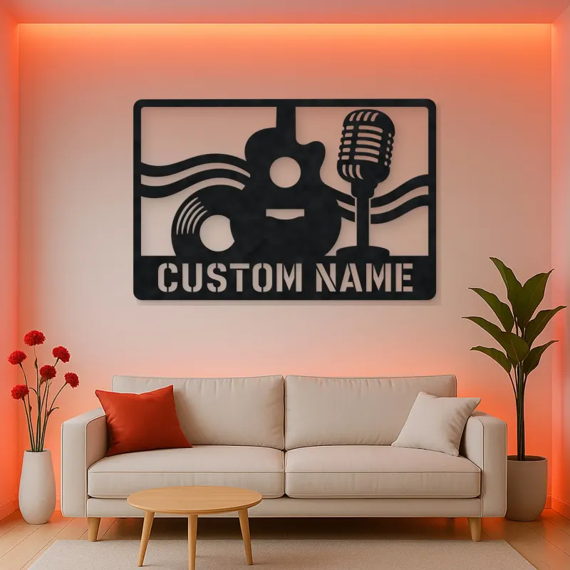 Personalized Vinyl Record Metal Wall Art with Vintage Microphone