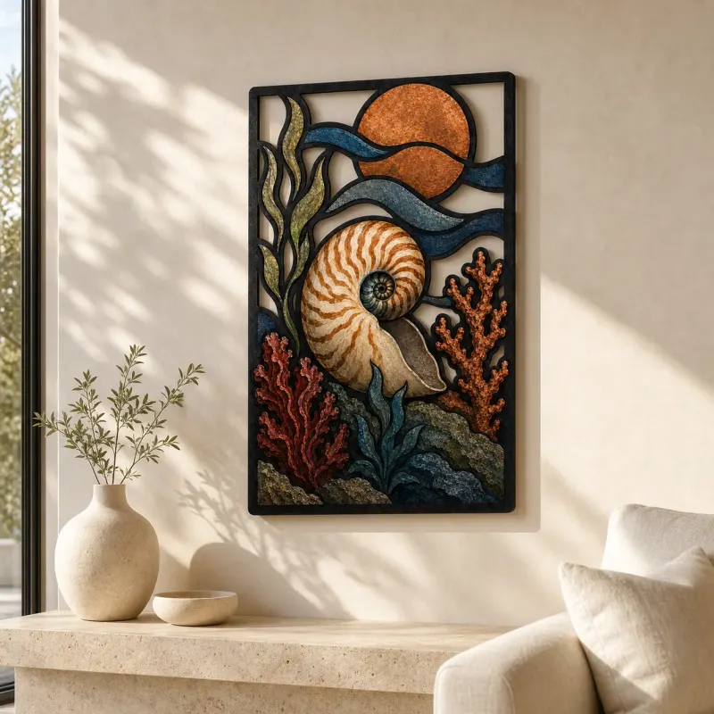 Nautilus Shell with Coral and Copper Moon Colorful Metal Wall Art