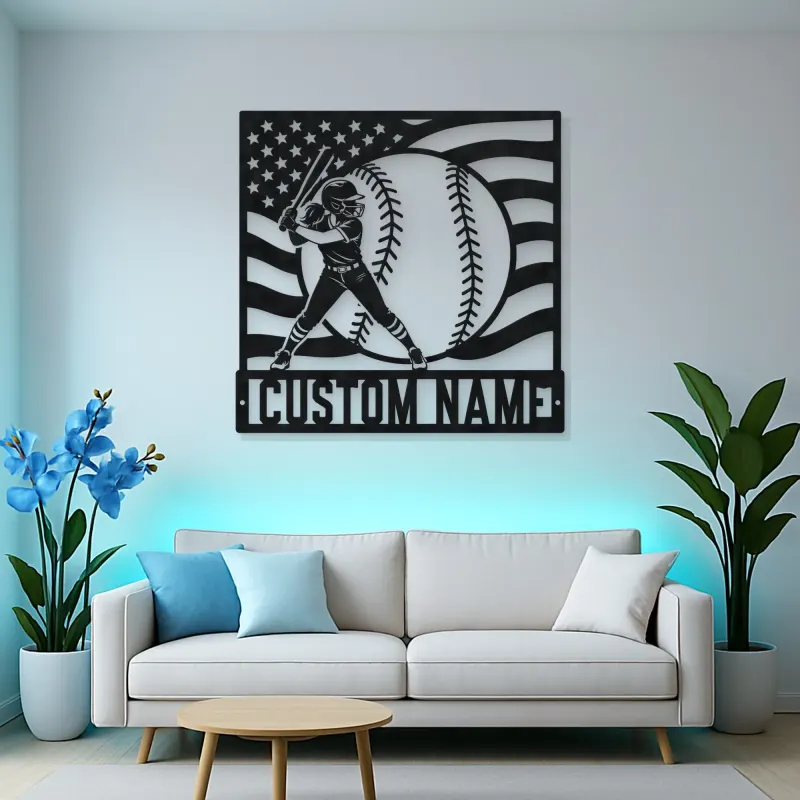 Personalized Softball Player and American Flag Metal Wall Art