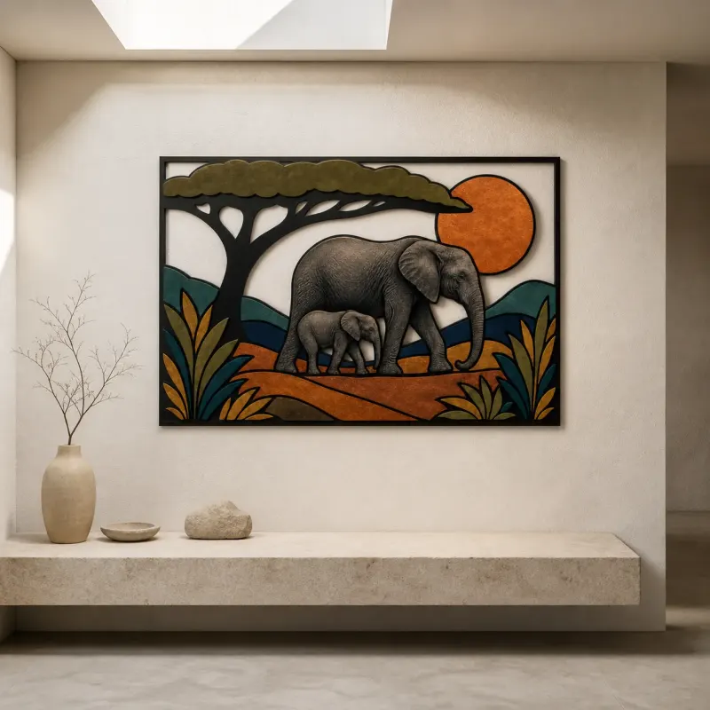 Elephant Mother and Calf on Savanna Colorful Metal Wall Art