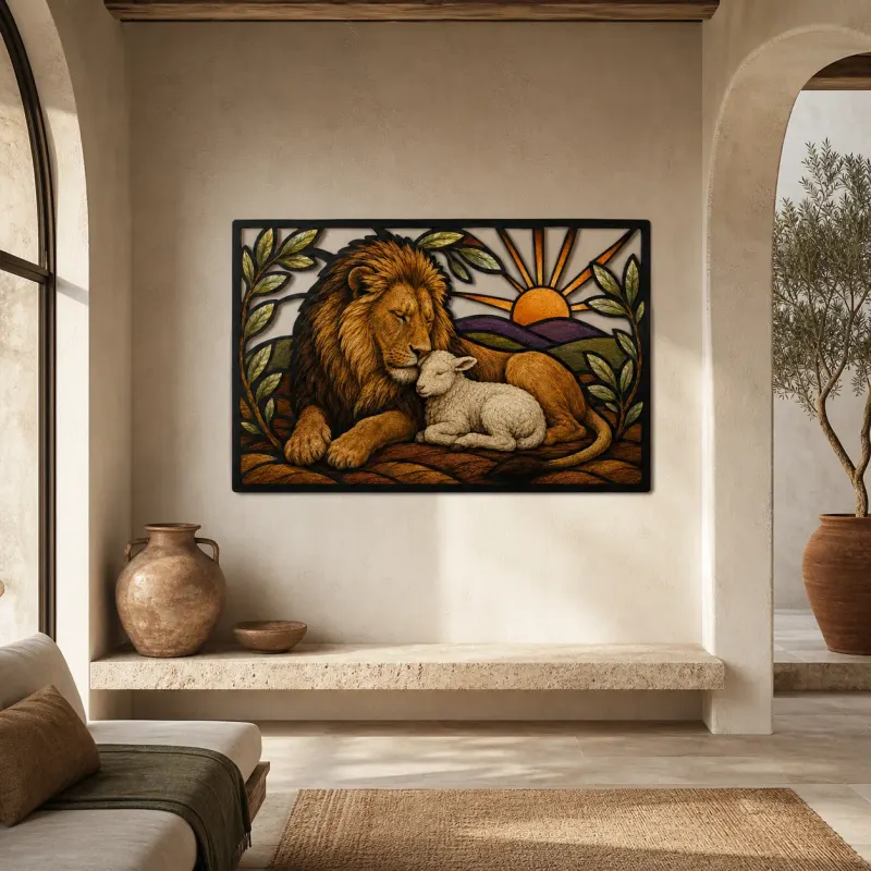 Lion and Lamb Resting Together at Sunrise Colorful Metal Wall Art
