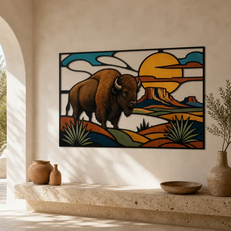 Bison in Southwest Desert beneath Copper Sun Colorful Metal Wall Art