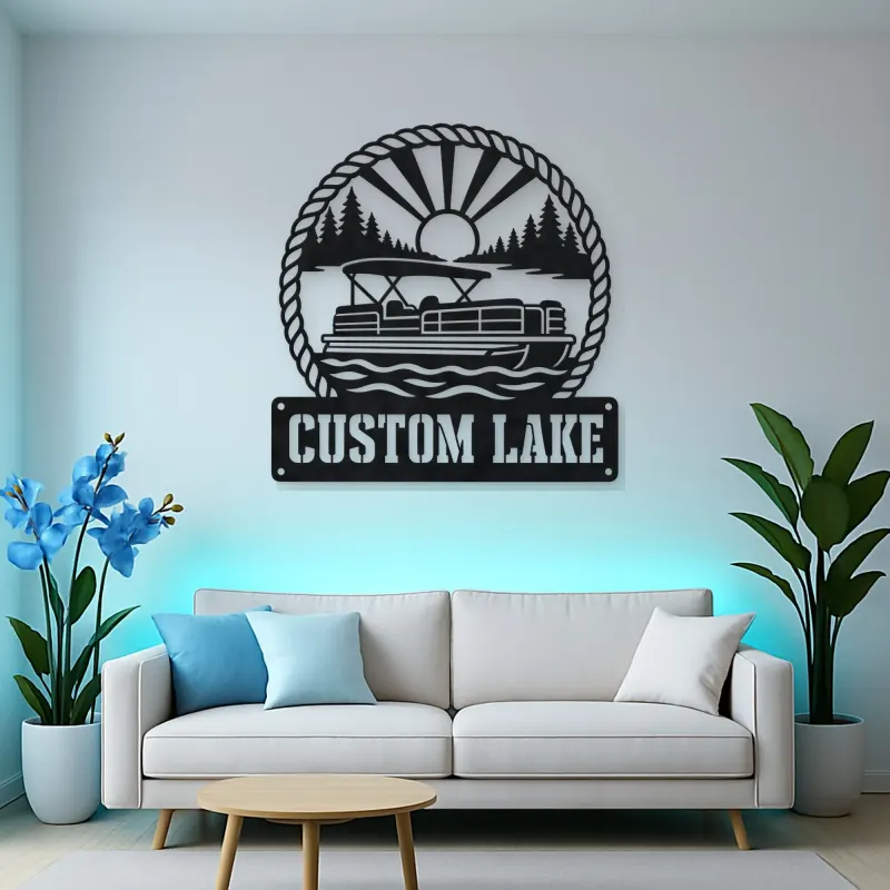 Personalized Pontoon Boat Metal Wall Art with Mountain Lake