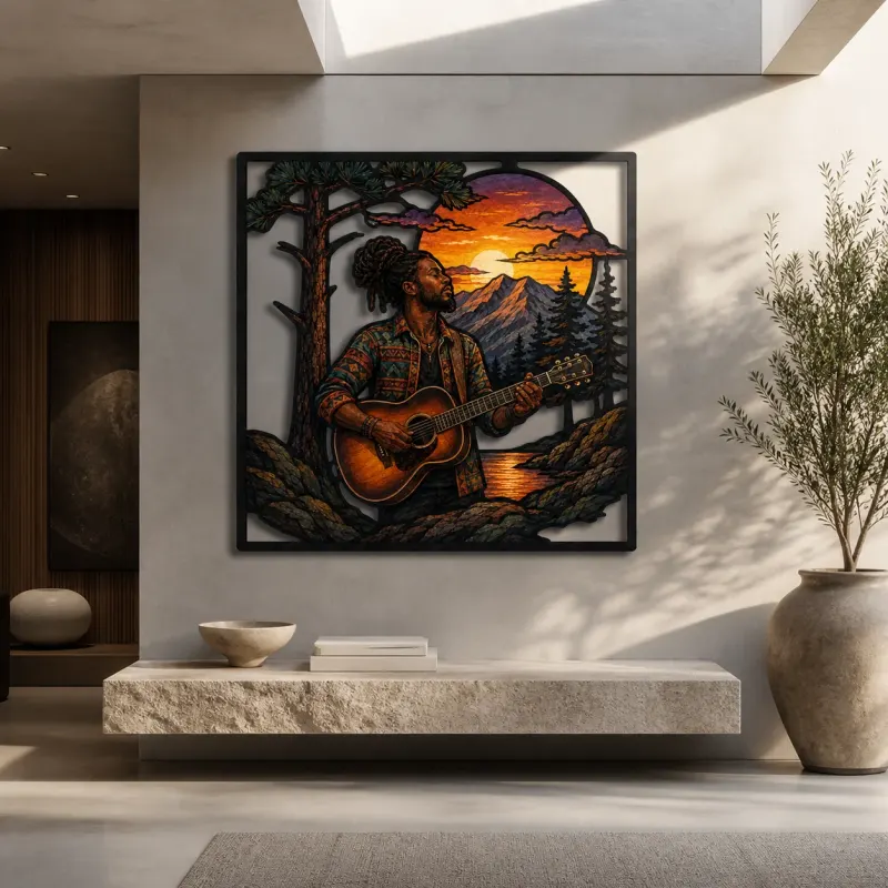 Acoustic Guitarist by Mountain Lake at Sunset Colorful Metal Wall Art