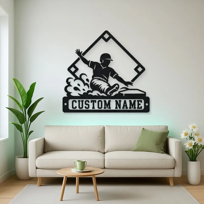 Personalized Baseball Player Sliding Home Metal Wall Art