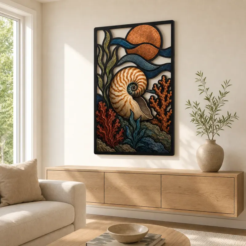 Nautilus Shell with Coral and Copper Moon Colorful Metal Wall Art