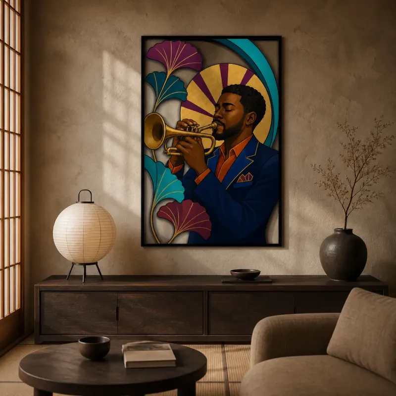 Black Jazz Trumpet Player in Art Deco Style Colorful Metal Wall Decor