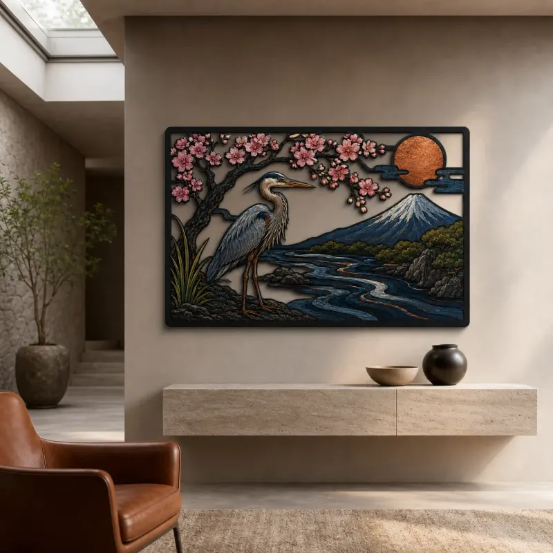Heron beneath Cherry Blossoms with Mount Fuji Colorful Metal Wall Art