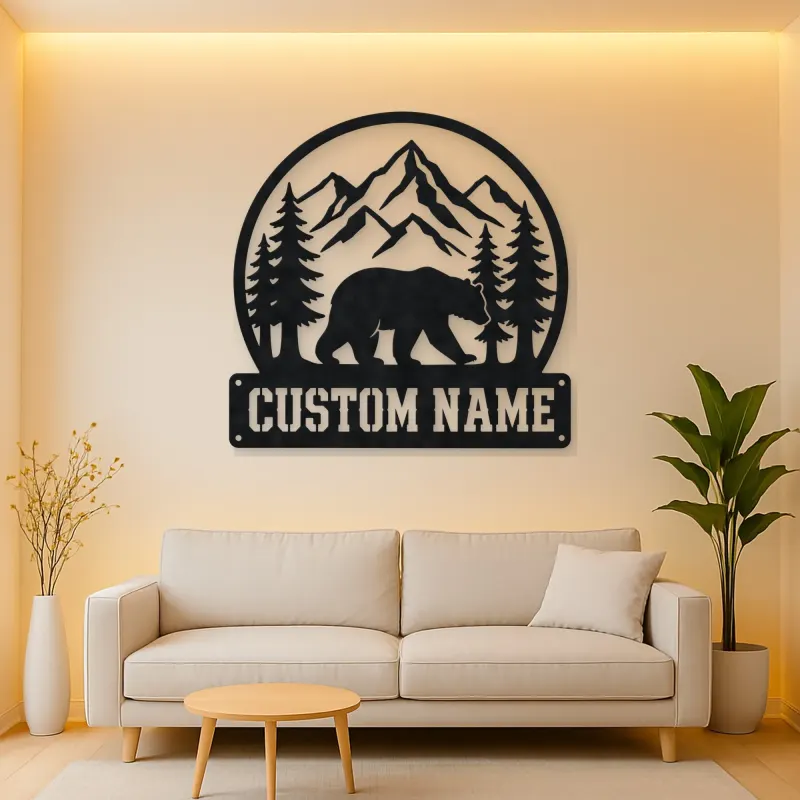 Personalized Bear and Pine Forest Metal Wall Art