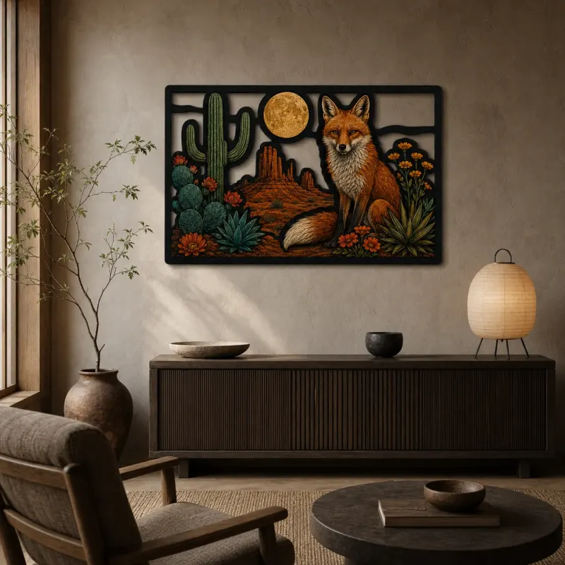 Red Fox among Cactus and Desert Wildflowers Colorful Metal Wall Art