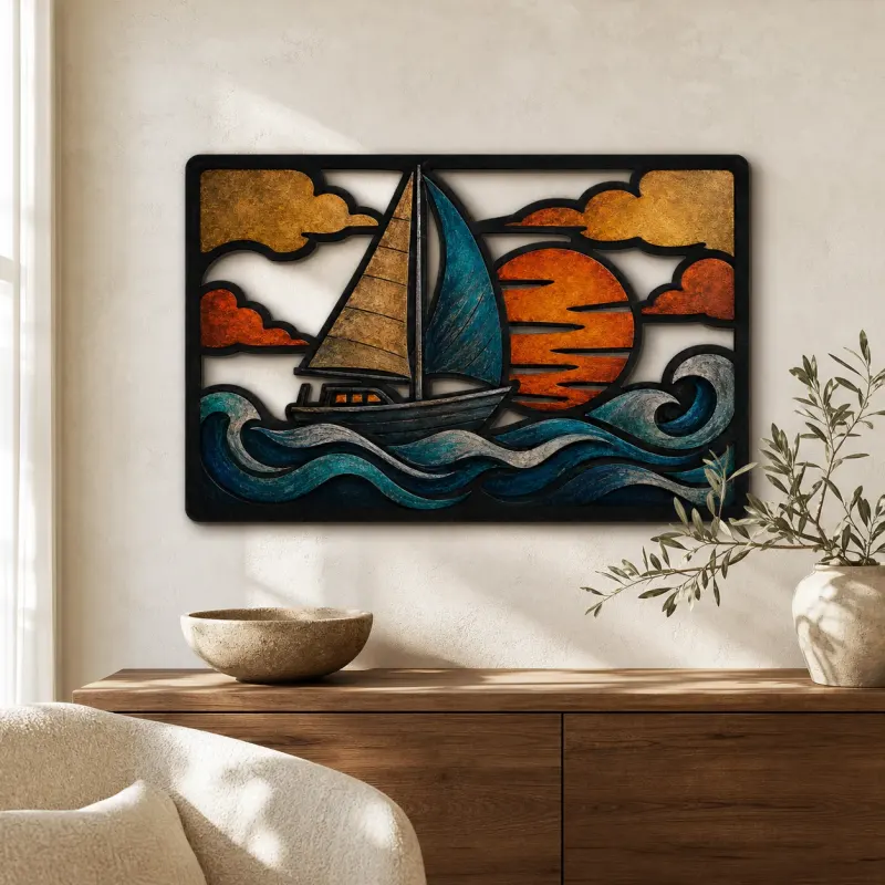 Voilier sur des vagues océaniques au coucher du soleil Décoration murale en métal