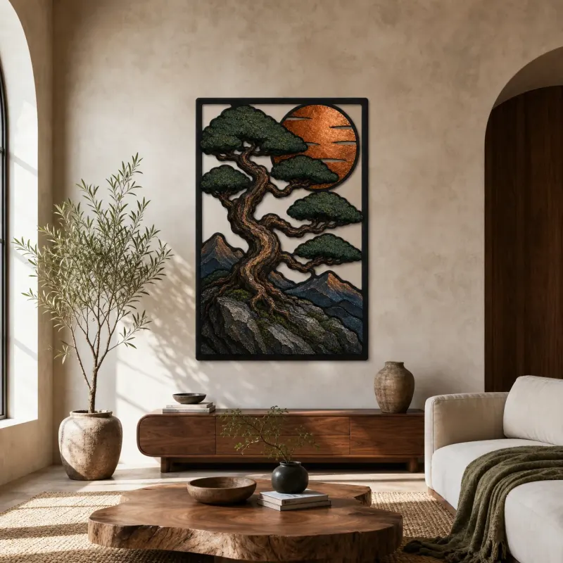 Insegna in metallo colorata con pino bonsai su scogliera montana al tramonto
