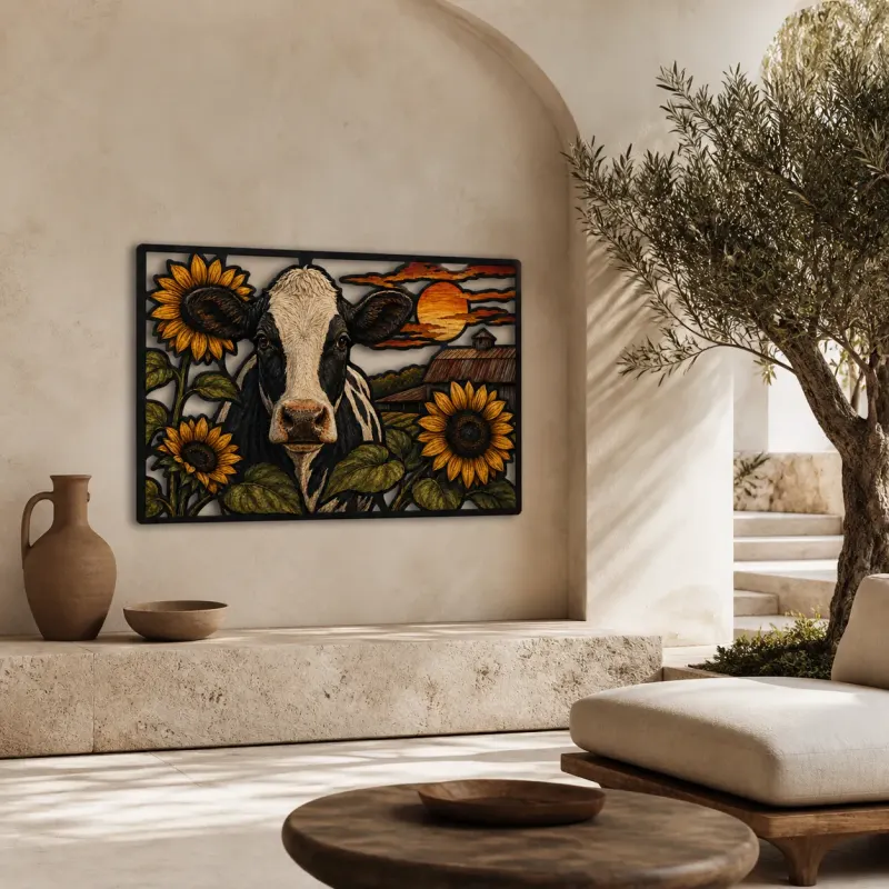 Holstein Cow with Sunflowers by Rustic Barn Colorful Metal Wall Art