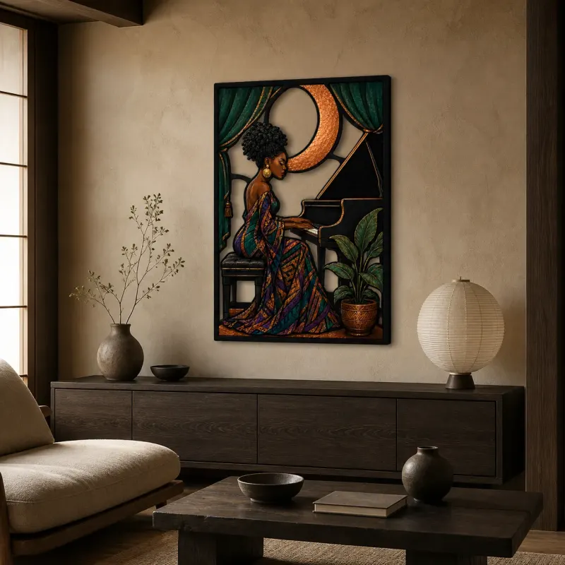 Afro Woman Playing Piano beneath Crescent Moon Colorful Metal Wall Art