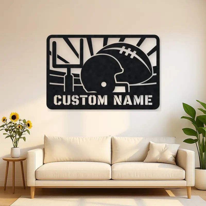 Personalized Football Helmet Metal Wall Art with Goalposts