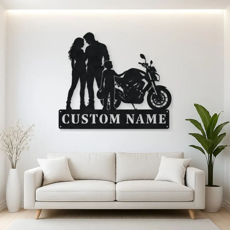 Personalized Motorcycle Family with Helmet Carrying Child Metal Wall Art