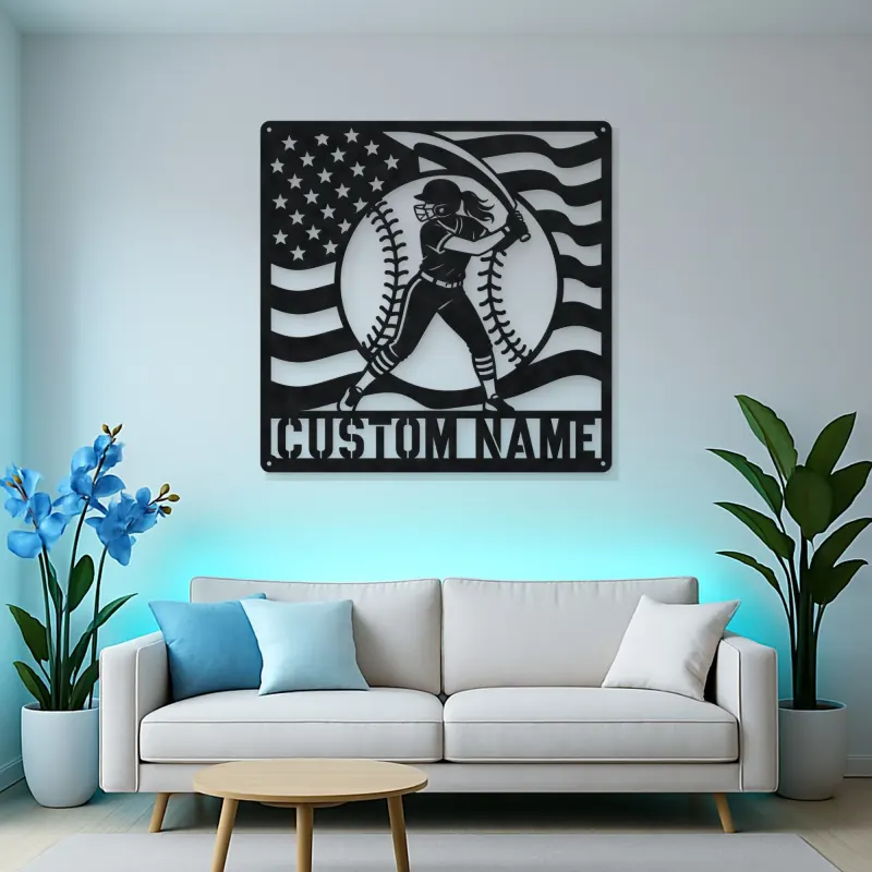 Personalized Female Softball Follow Through Flag Metal Wall Art