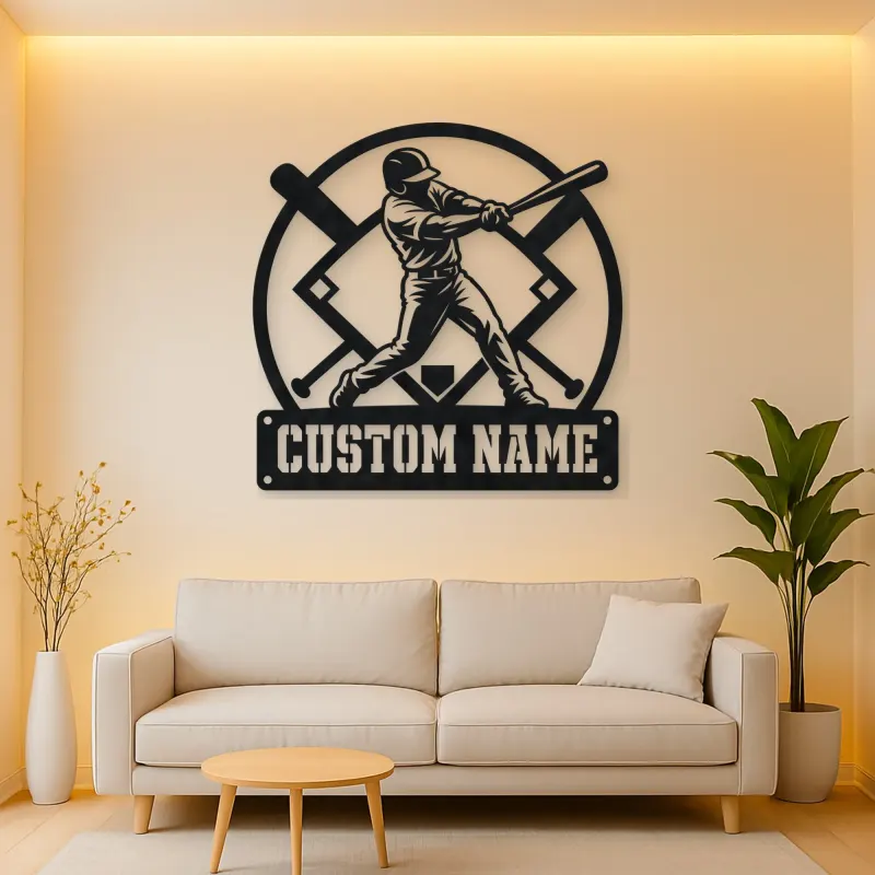 Personalized Baseball Batter Metal Wall Art with Crossed Bats