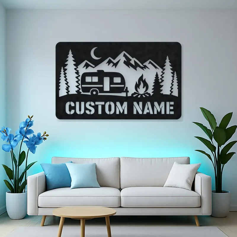 Personalized Travel Trailer Metal Wall Art with Campfire