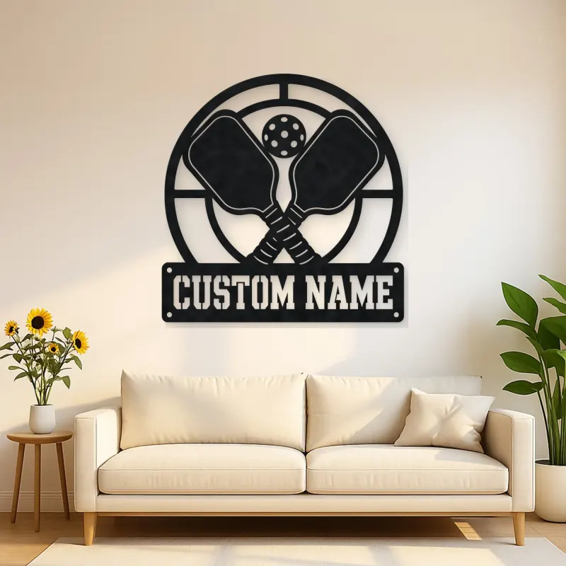 Personalized Pickleball Paddle Metal Wall Art with Court Lines