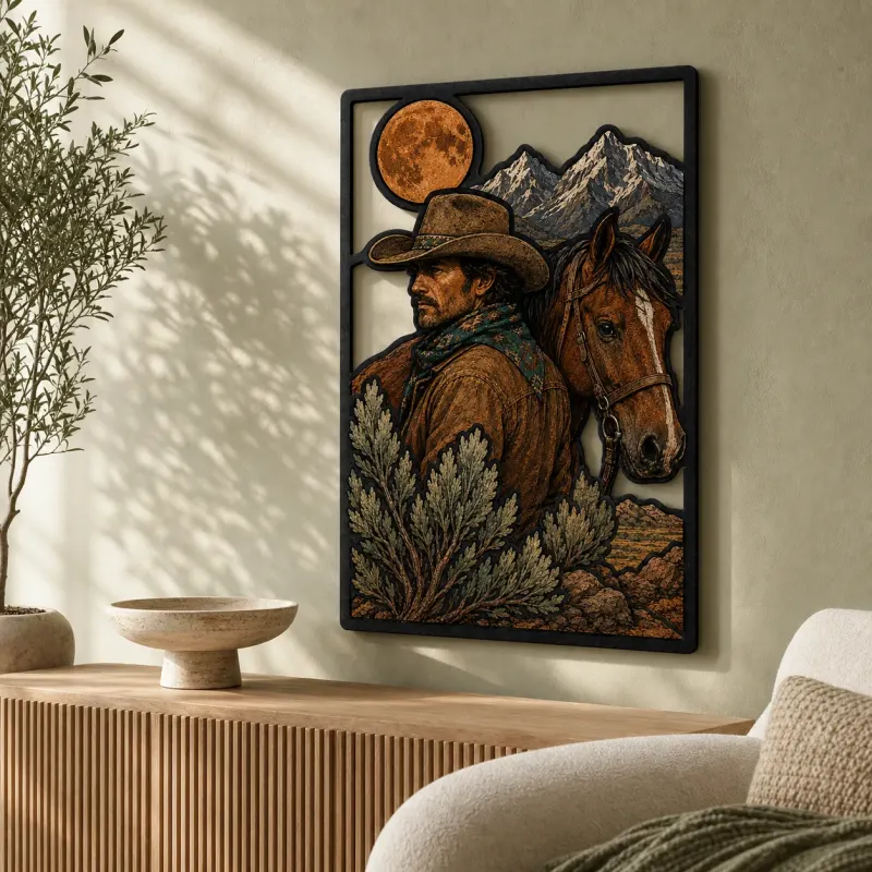 Cowboy with Horse Mountains and Full Moon Colorful Metal Wall Art