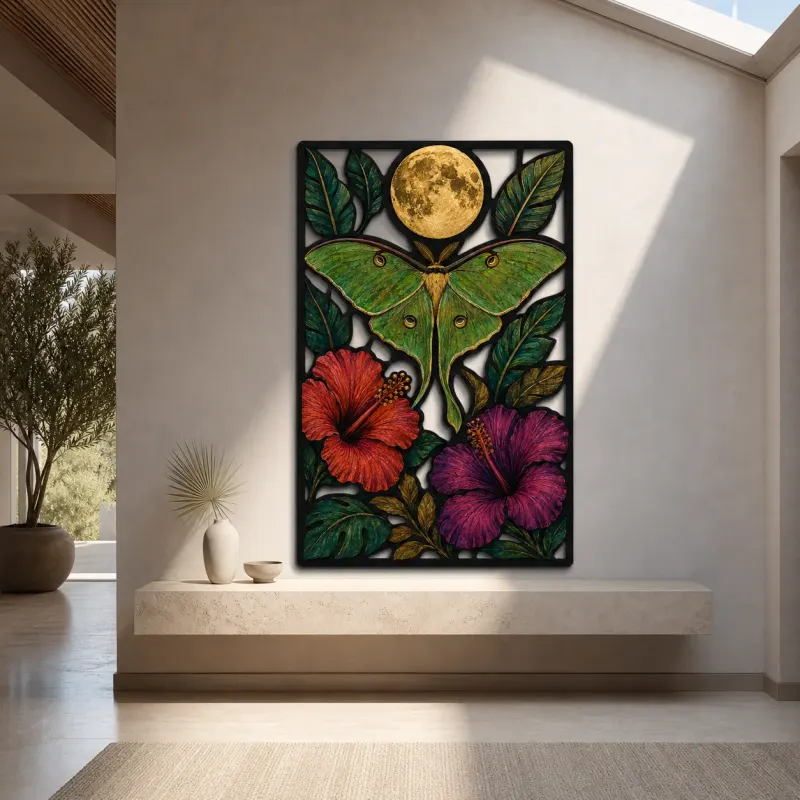 Luna Moth with Hibiscus and Full Moon Colorful Metal Wall Art
