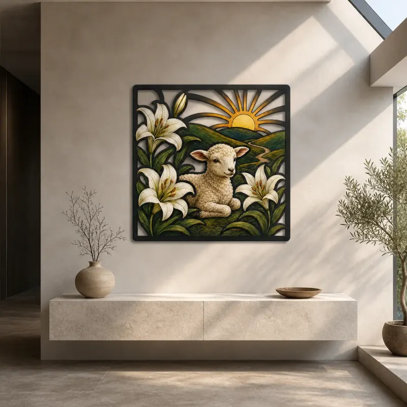 Spring Lamb with White Lilies at Sunrise Colorful Metal Wall Art