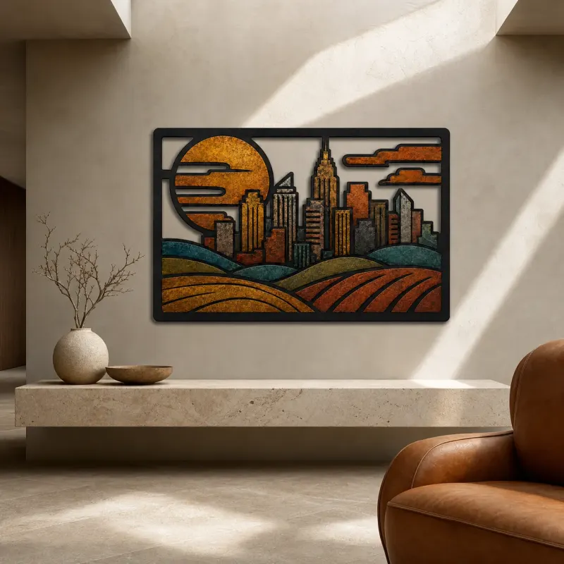 Mid Century City Skyline over Rolling Fields Colorful Metal Wall Art