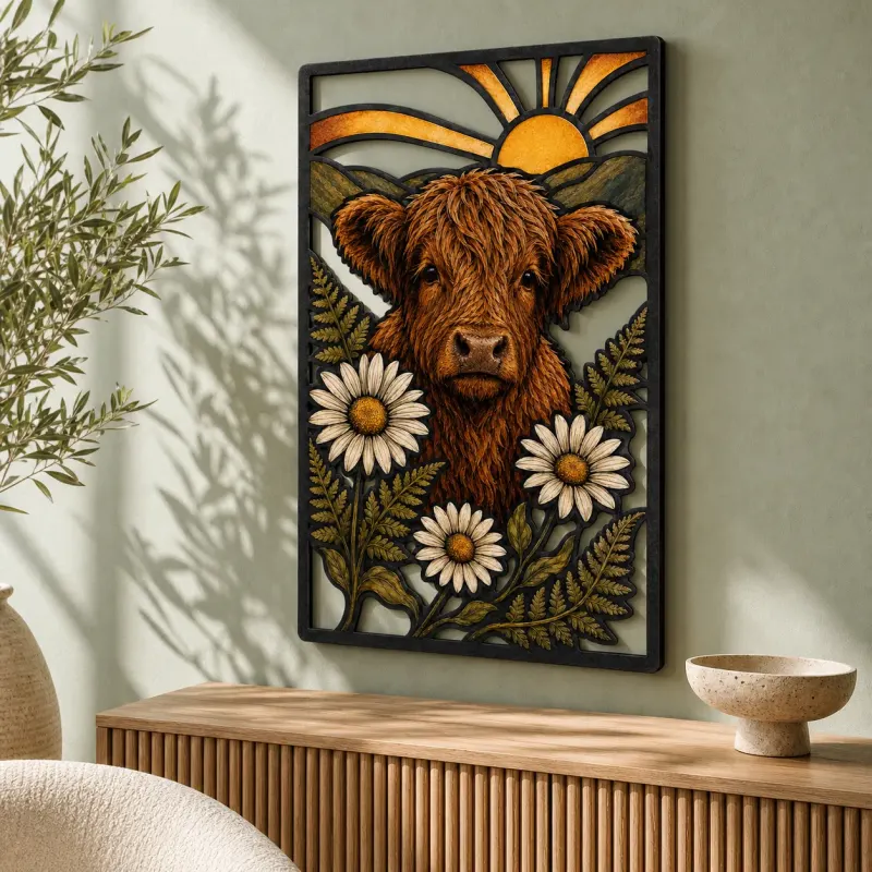 Highland Cow with White Daisies and Sunrise Colorful Metal Wall Art