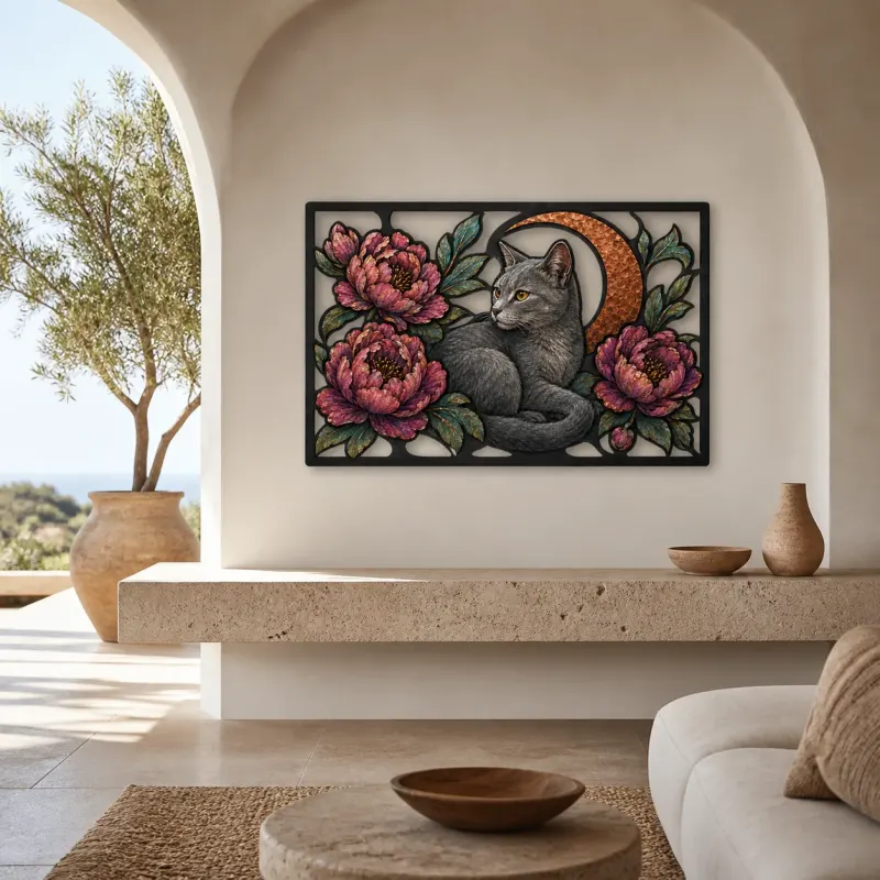Russian Blue Cat with Pink Peonies and Moon Colorful Metal Wall Art