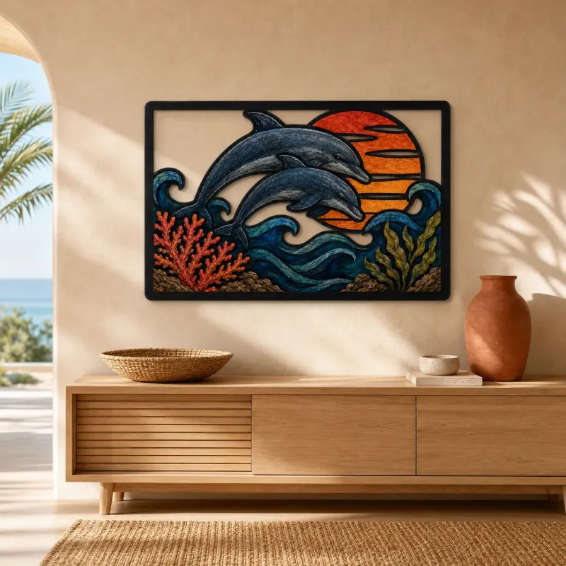 Two Dolphins over Ocean Waves at Sunset Colorful Metal Wall Art