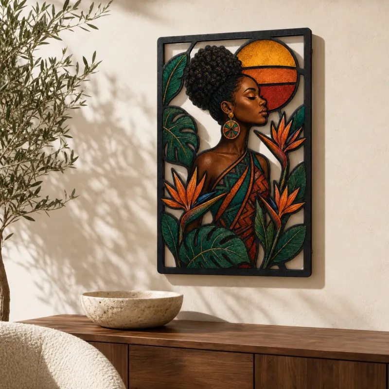 Afro-Frau mit Paradiesvogelblumen - Buntes Metallschild